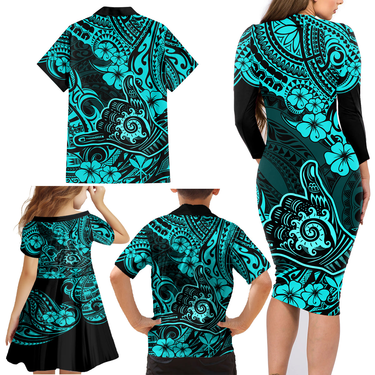 Hawaii Shaka Sign Family Matching Long Sleeve Bodycon Dress and Hawaiian Shirt Polynesian Pattern Turquoise Version LT01 - Polynesian Pride