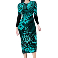 Hawaii Shaka Sign Family Matching Long Sleeve Bodycon Dress and Hawaiian Shirt Polynesian Pattern Turquoise Version LT01 Mom's Dress Turquoise - Polynesian Pride