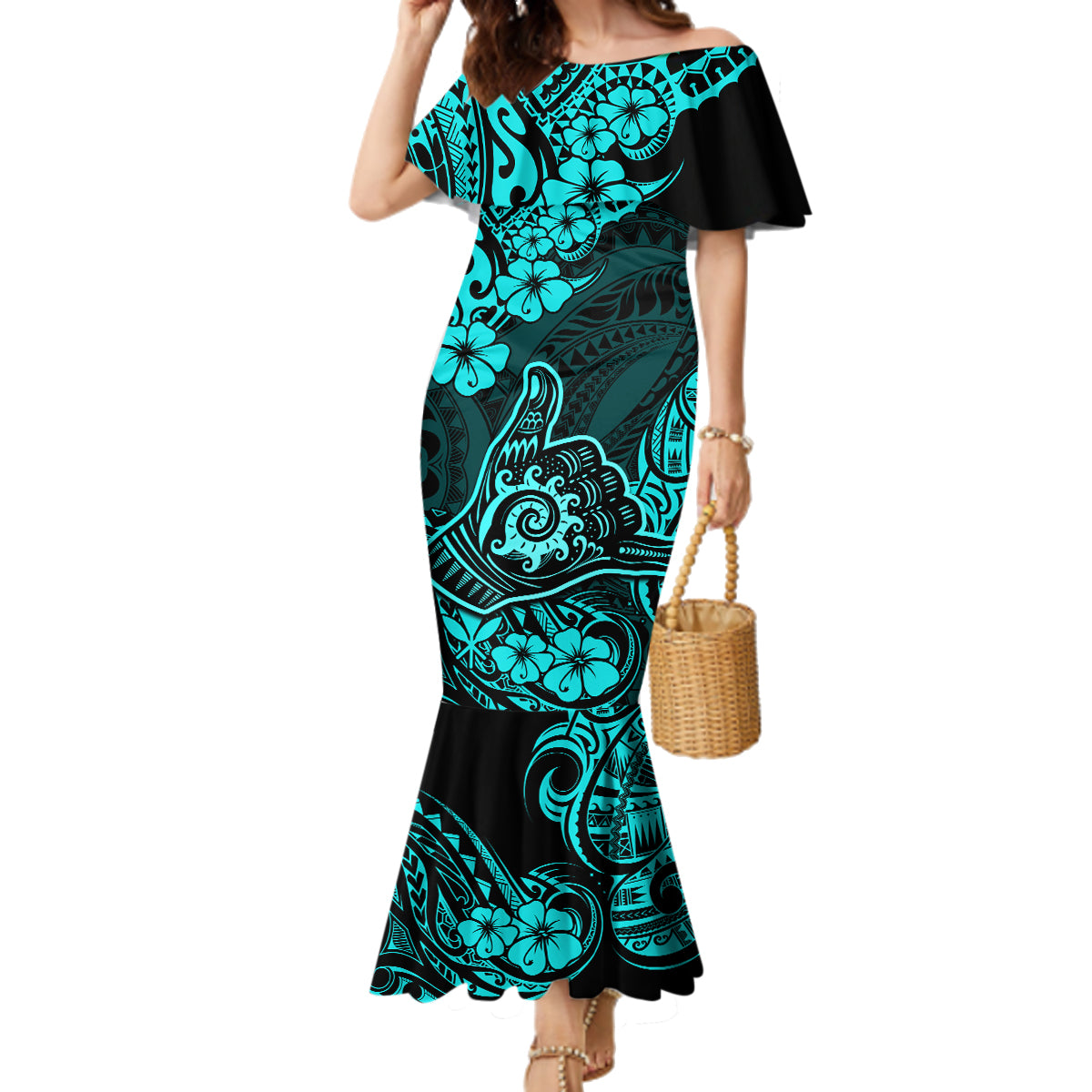 Hawaii Shaka Sign Family Matching Mermaid Dress and Hawaiian Shirt Polynesian Pattern Turquoise Version LT01 Mom's Dress Turquoise - Polynesian Pride