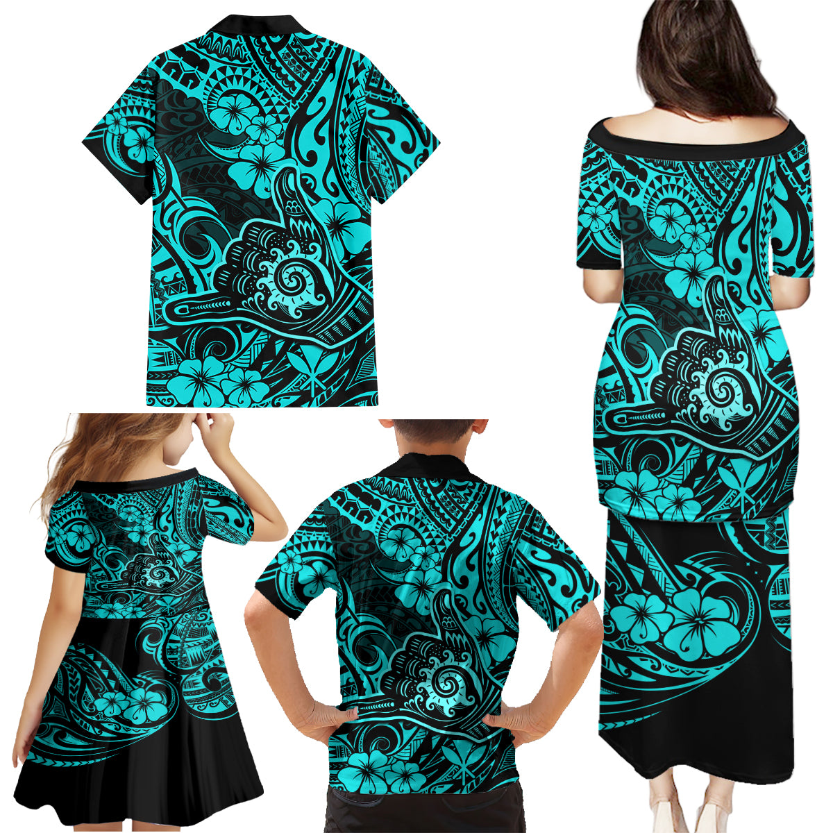 Hawaii Shaka Sign Family Matching Puletasi Dress and Hawaiian Shirt Polynesian Pattern Turquoise Version LT01 - Polynesian Pride