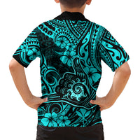 Hawaii Shaka Sign Family Matching Tank Maxi Dress and Hawaiian Shirt Polynesian Pattern Turquoise Version LT01 - Polynesian Pride