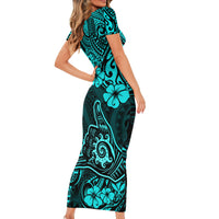 Hawaii Shaka Sign Short Sleeve Bodycon Dress Polynesian Pattern Turquoise Version LT01 - Polynesian Pride