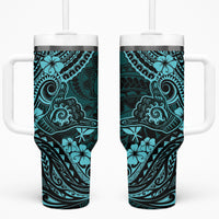 Hawaii Shaka Sign Tumbler With Handle Polynesian Pattern Turquoise Version