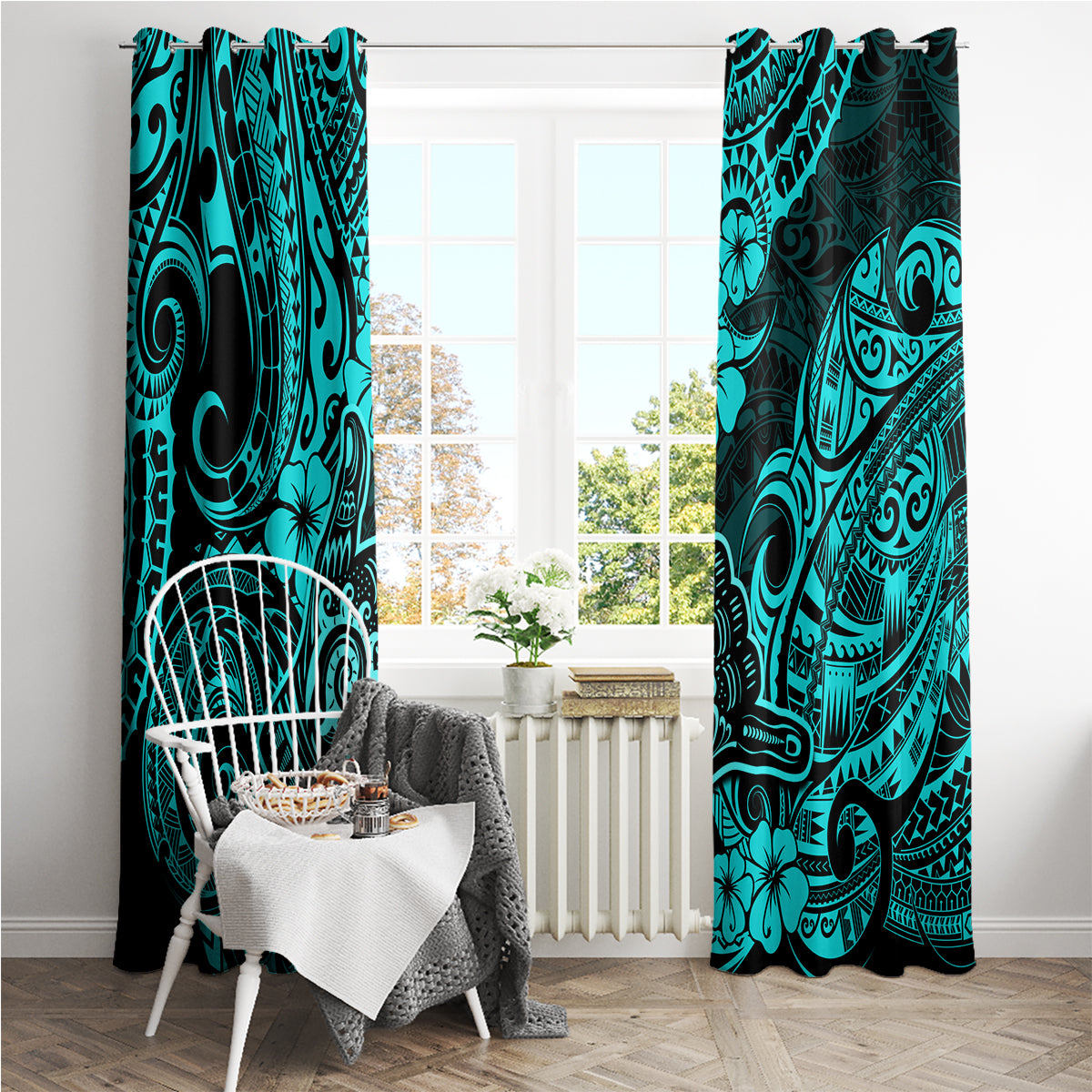 Hawaii Shaka Sign Window Curtain Polynesian Pattern Turquoise Version LT01 - Polynesian Pride
