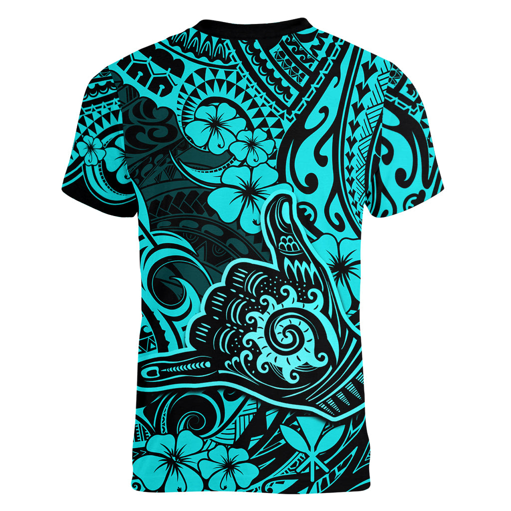 Hawaii Shaka Sign Women V Neck T Shirt Polynesian Pattern Turquoise Version LT01 - Polynesian Pride
