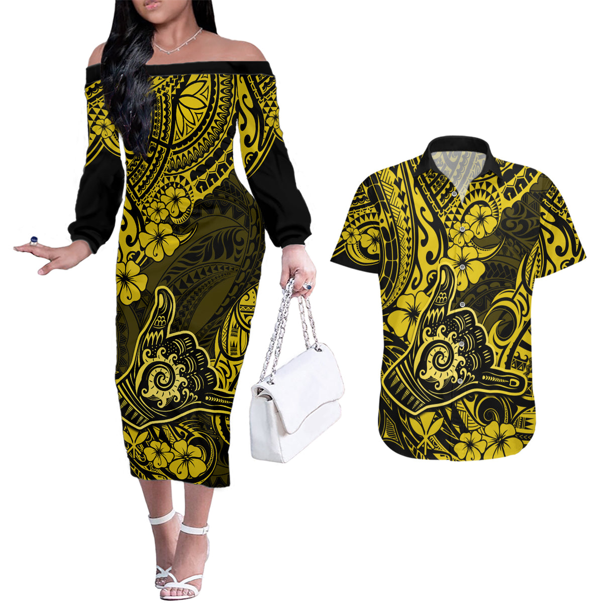 Hawaii Shaka Sign Couples Matching Off The Shoulder Long Sleeve Dress and Hawaiian Shirt Polynesian Pattern Yellow Version LT01 Yellow - Polynesian Pride