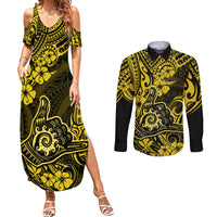 Hawaii Shaka Sign Couples Matching Summer Maxi Dress and Long Sleeve Button Shirts Polynesian Pattern Yellow Version LT01 Yellow - Polynesian Pride