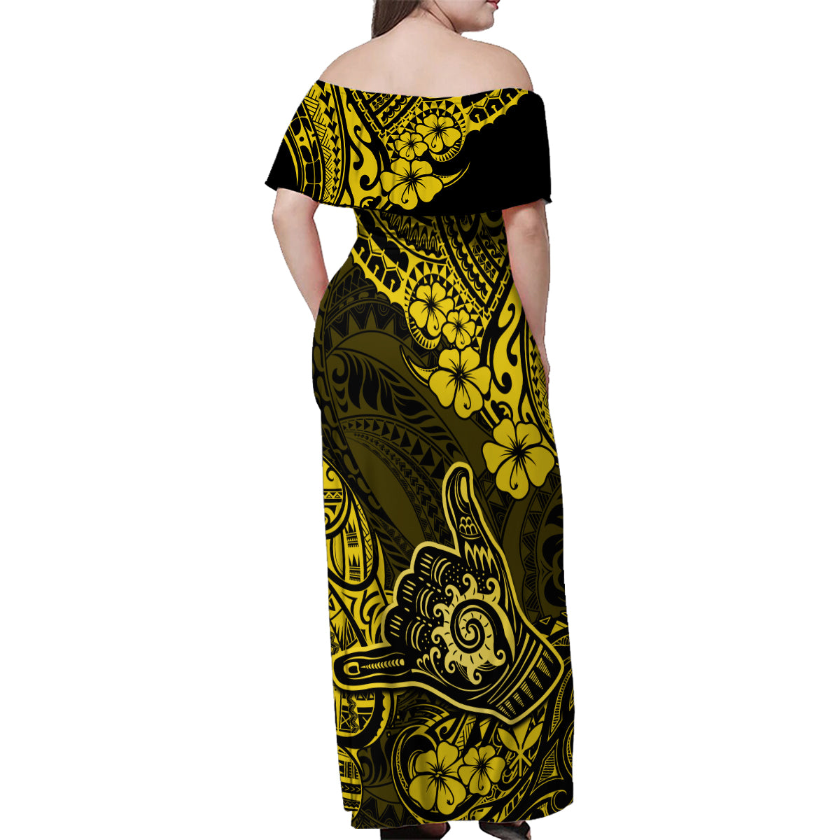 Hawaii Shaka Sign Family Matching Off Shoulder Maxi Dress and Hawaiian Shirt Polynesian Pattern Yellow Version LT01 - Polynesian Pride