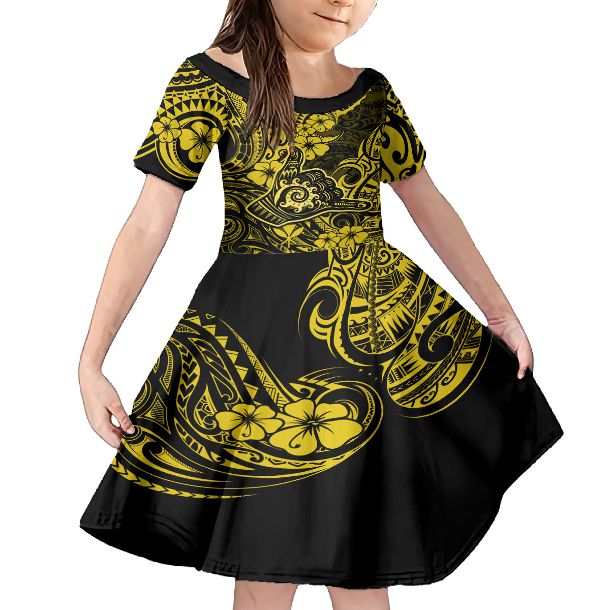 Hawaii Shaka Sign Family Matching Summer Maxi Dress and Hawaiian Shirt Polynesian Pattern Yellow Version LT01 Daughter's Dress Yellow - Polynesian Pride