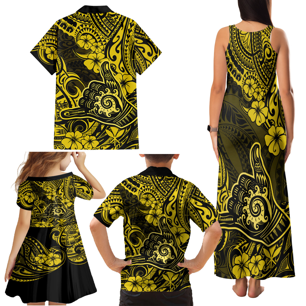 Hawaii Shaka Sign Family Matching Tank Maxi Dress and Hawaiian Shirt Polynesian Pattern Yellow Version LT01 - Polynesian Pride