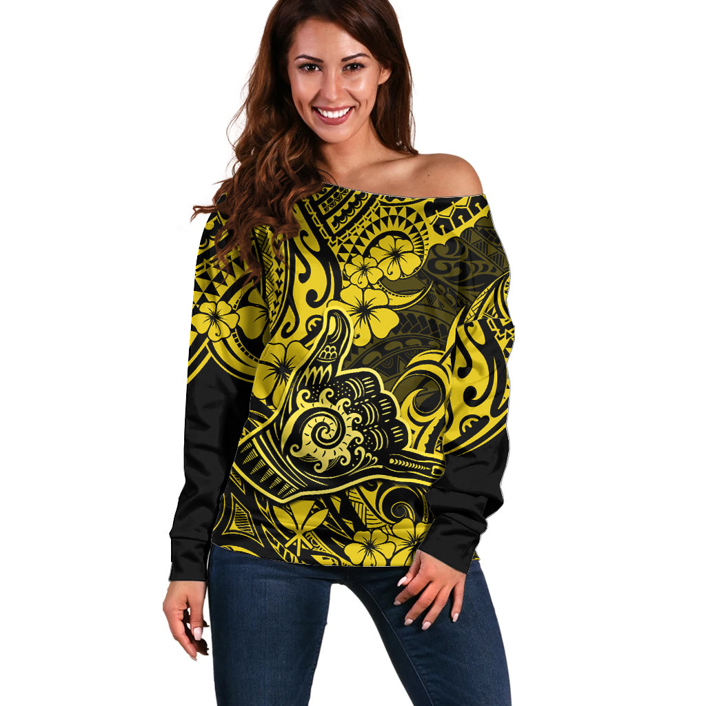 Hawaii Shaka Sign Off Shoulder Sweater Polynesian Pattern Yellow Version LT01 Women Yellow - Polynesian Pride