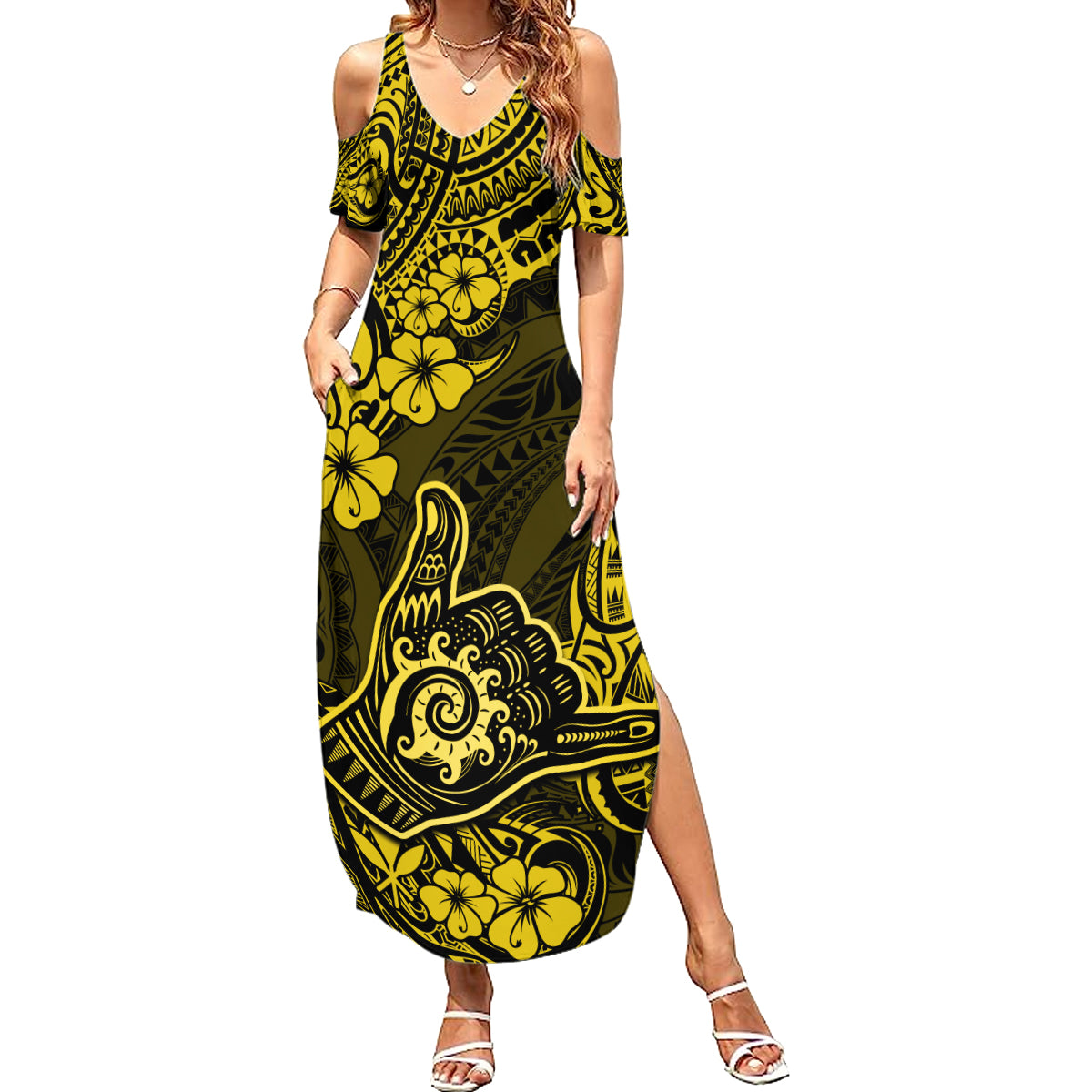 Hawaii Shaka Sign Summer Maxi Dress Polynesian Pattern Yellow Version LT01 Women Yellow - Polynesian Pride