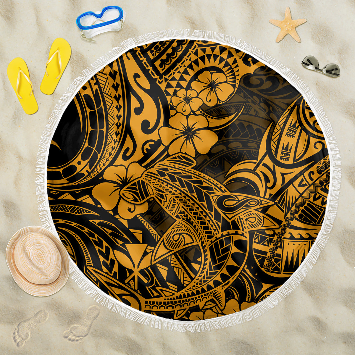 Hawaii Shark Beach Blanket Polynesian Pattern Gold Version LT01 One Size 150cm Gold - Wonder Print Shop