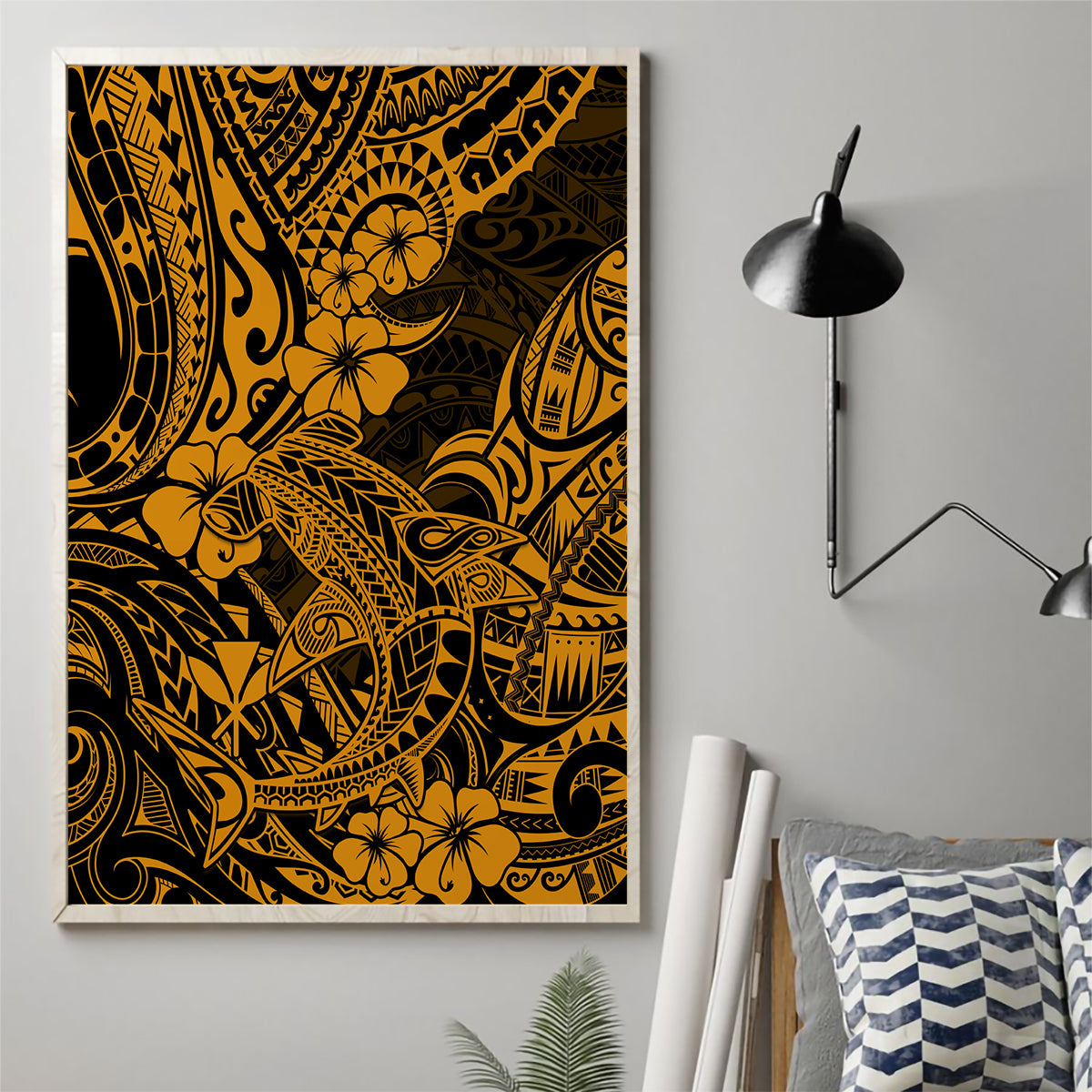 Hawaii Shark Canvas Wall Art Polynesian Pattern Gold Version LT01 - Polynesian Pride