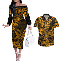 Hawaii Shark Couples Matching Off The Shoulder Long Sleeve Dress and Hawaiian Shirt Polynesian Pattern Gold Version LT01 Gold - Polynesian Pride