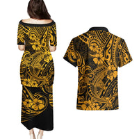 Hawaii Shark Couples Matching Puletasi Dress and Hawaiian Shirt Polynesian Pattern Gold Version LT01 - Polynesian Pride