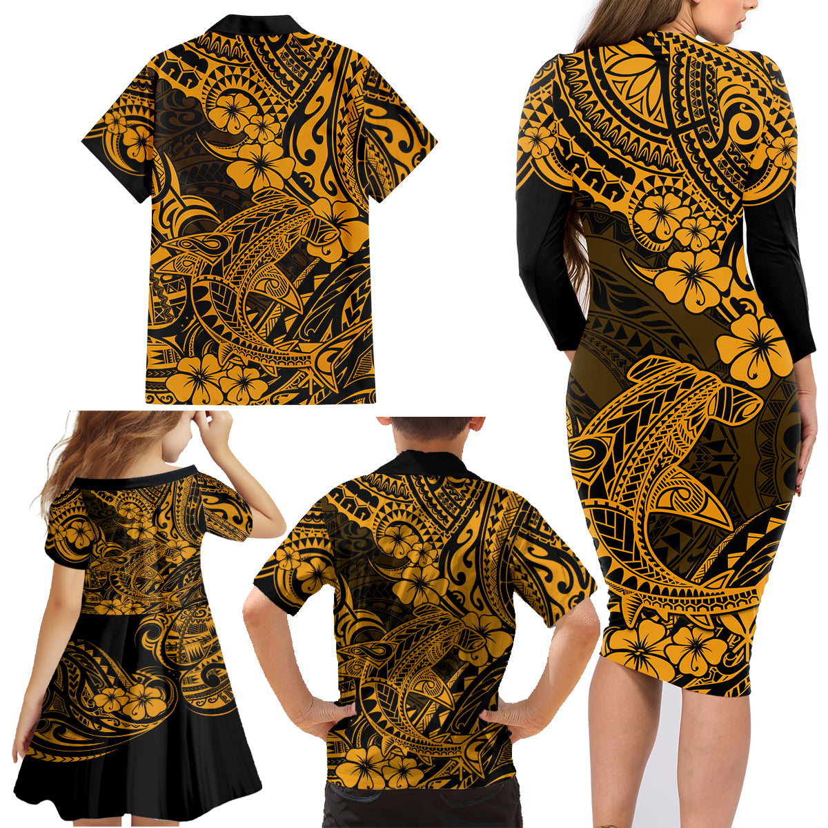 Hawaii Shark Family Matching Long Sleeve Bodycon Dress and Hawaiian Shirt Polynesian Pattern Gold Version LT01 - Polynesian Pride