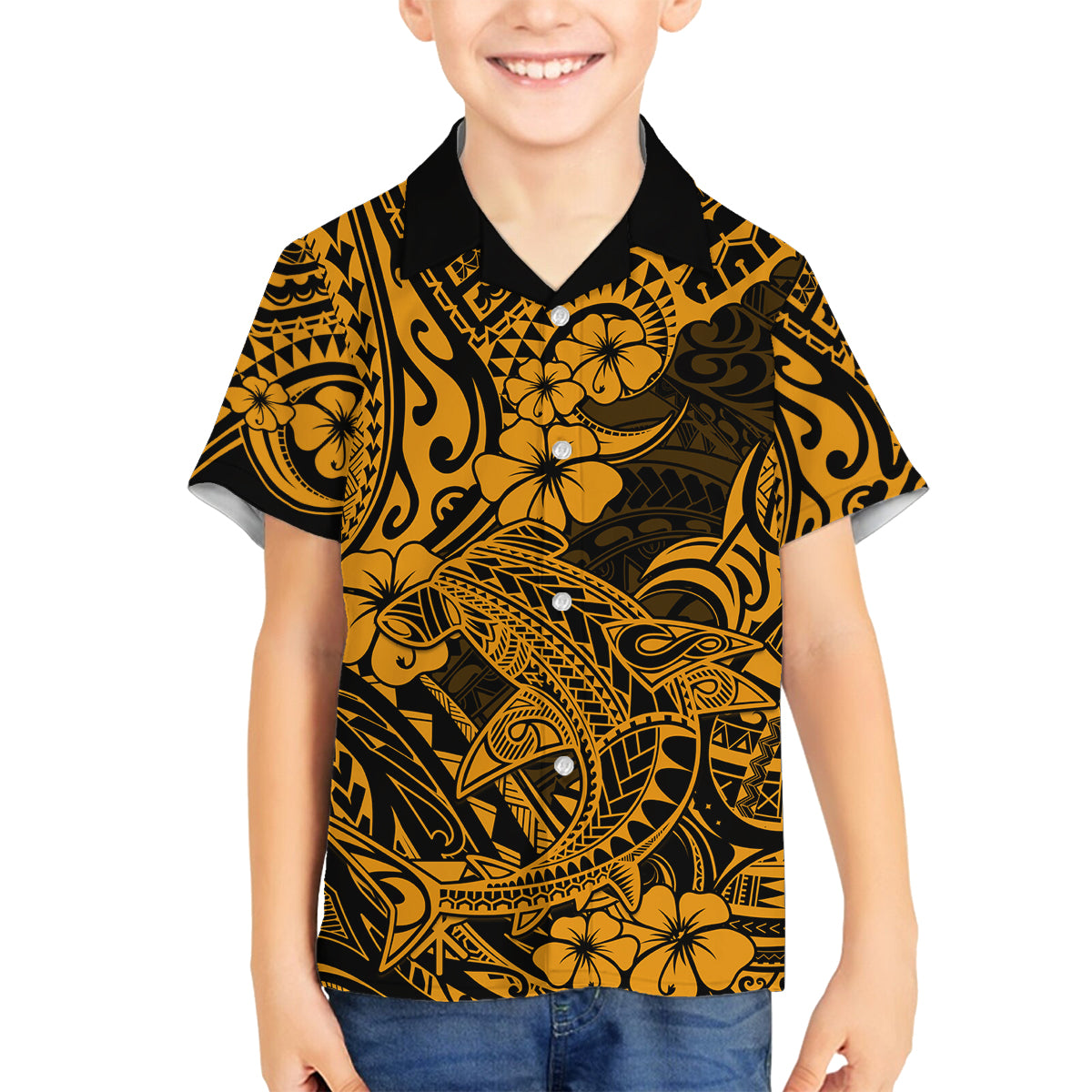 Hawaii Shark Family Matching Off Shoulder Maxi Dress and Hawaiian Shirt Polynesian Pattern Gold Version LT01 Son's Shirt Gold - Polynesian Pride