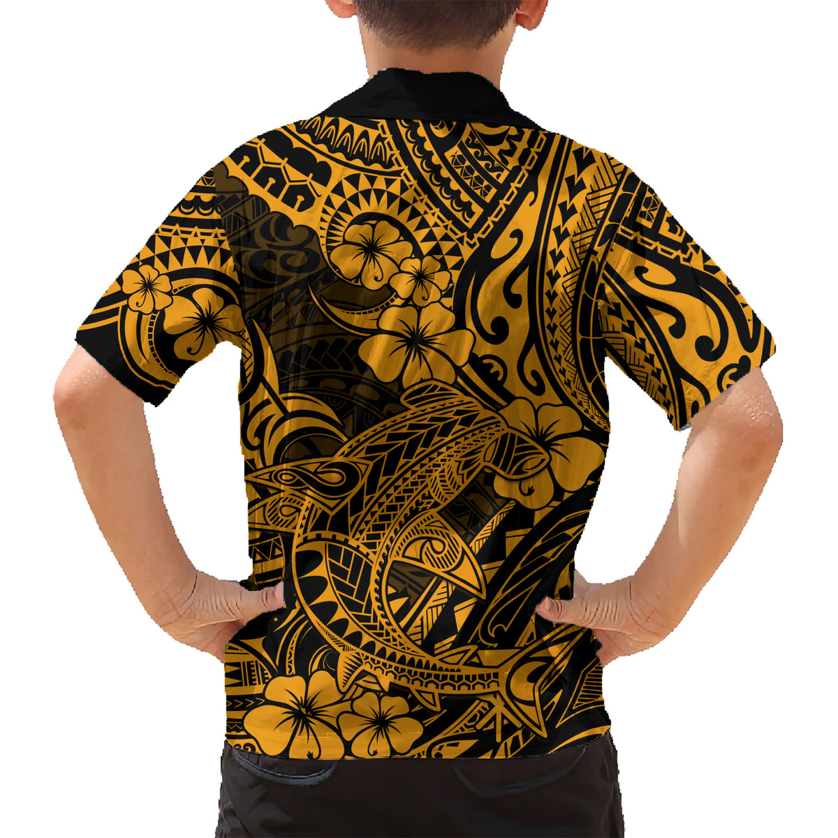 Hawaii Shark Family Matching Short Sleeve Bodycon Dress and Hawaiian Shirt Polynesian Pattern Gold Version LT01 - Polynesian Pride