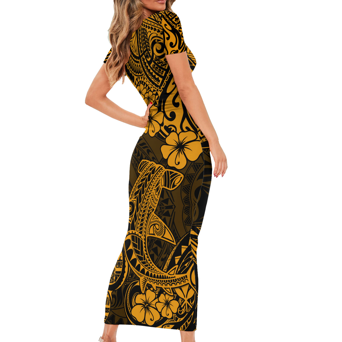 Hawaii Shark Short Sleeve Bodycon Dress Polynesian Pattern Gold Version LT01 - Polynesian Pride