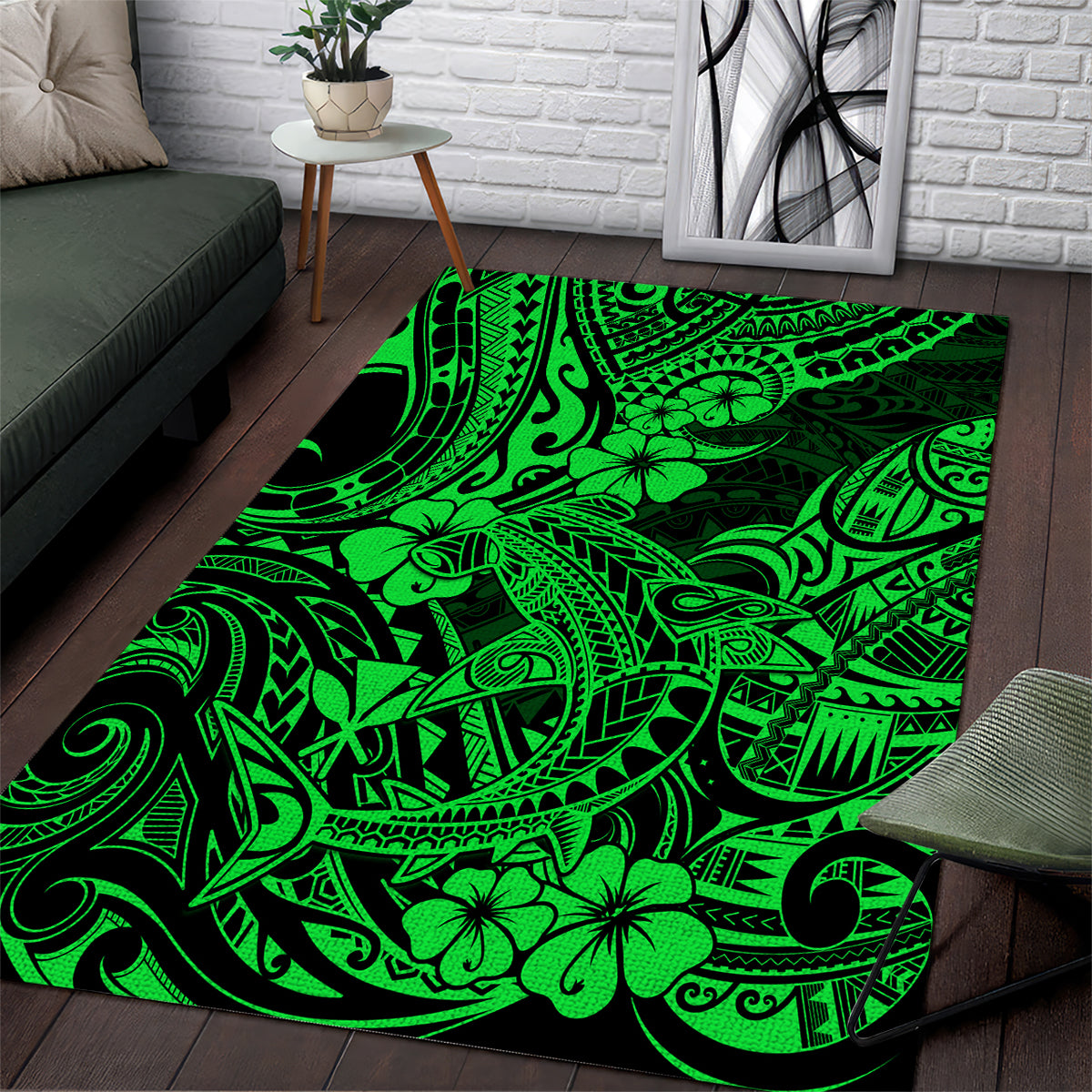 Hawaii Shark Area Rug Polynesian Pattern Green Version LT01 Green - Polynesian Pride