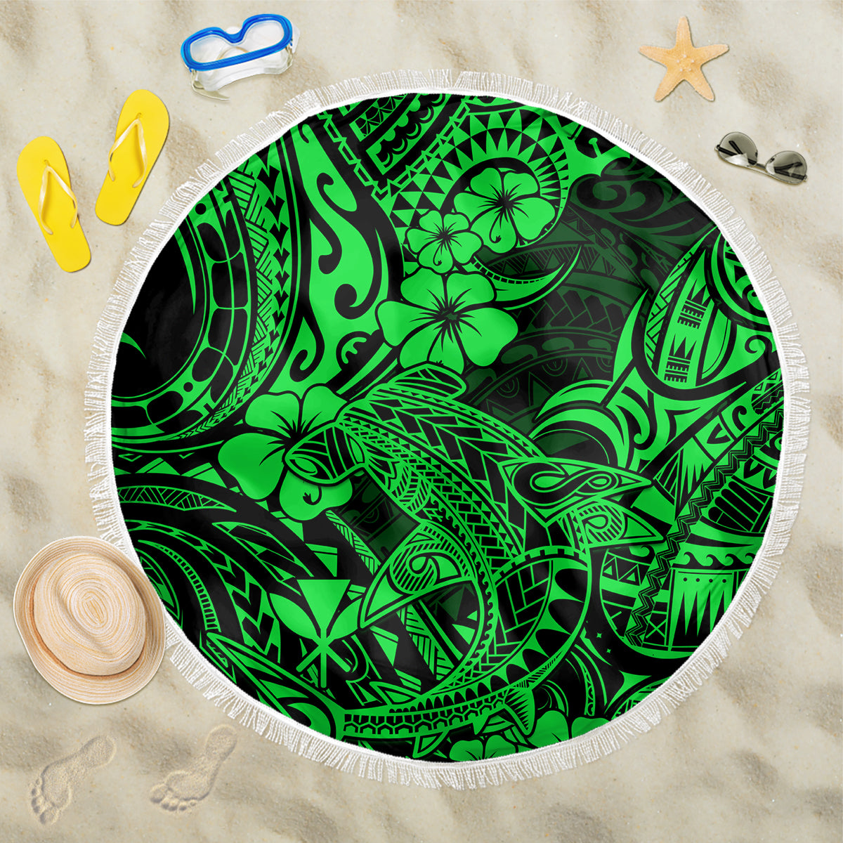 Hawaii Shark Beach Blanket Polynesian Pattern Green Version LT01 One Size 150cm Green - Wonder Print Shop