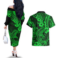 Hawaii Shark Couples Matching Off The Shoulder Long Sleeve Dress and Hawaiian Shirt Polynesian Pattern Green Version LT01 - Polynesian Pride