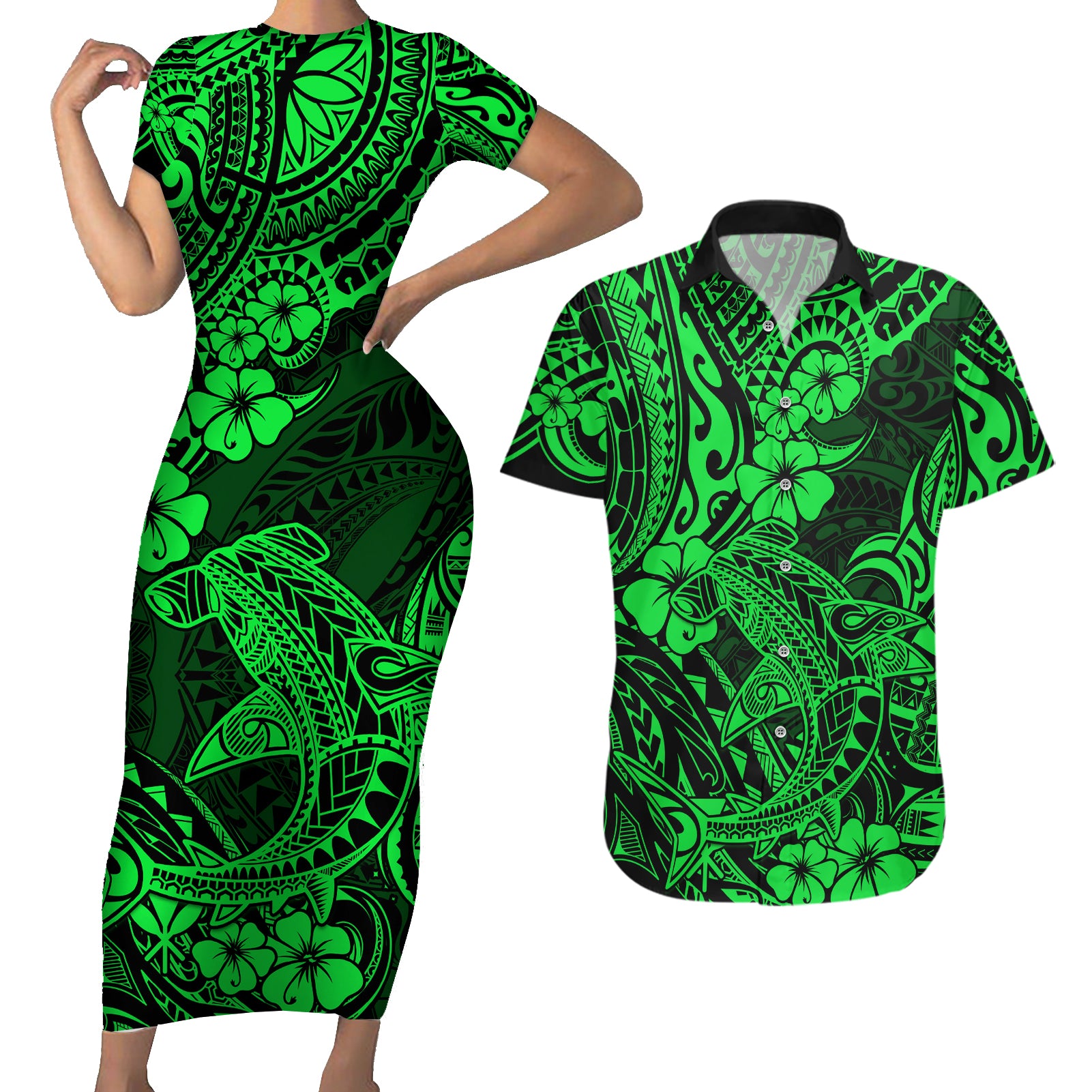 Hawaii Shark Couples Matching Short Sleeve Bodycon Dress and Hawaiian Shirt Polynesian Pattern Green Version LT01 Green - Polynesian Pride