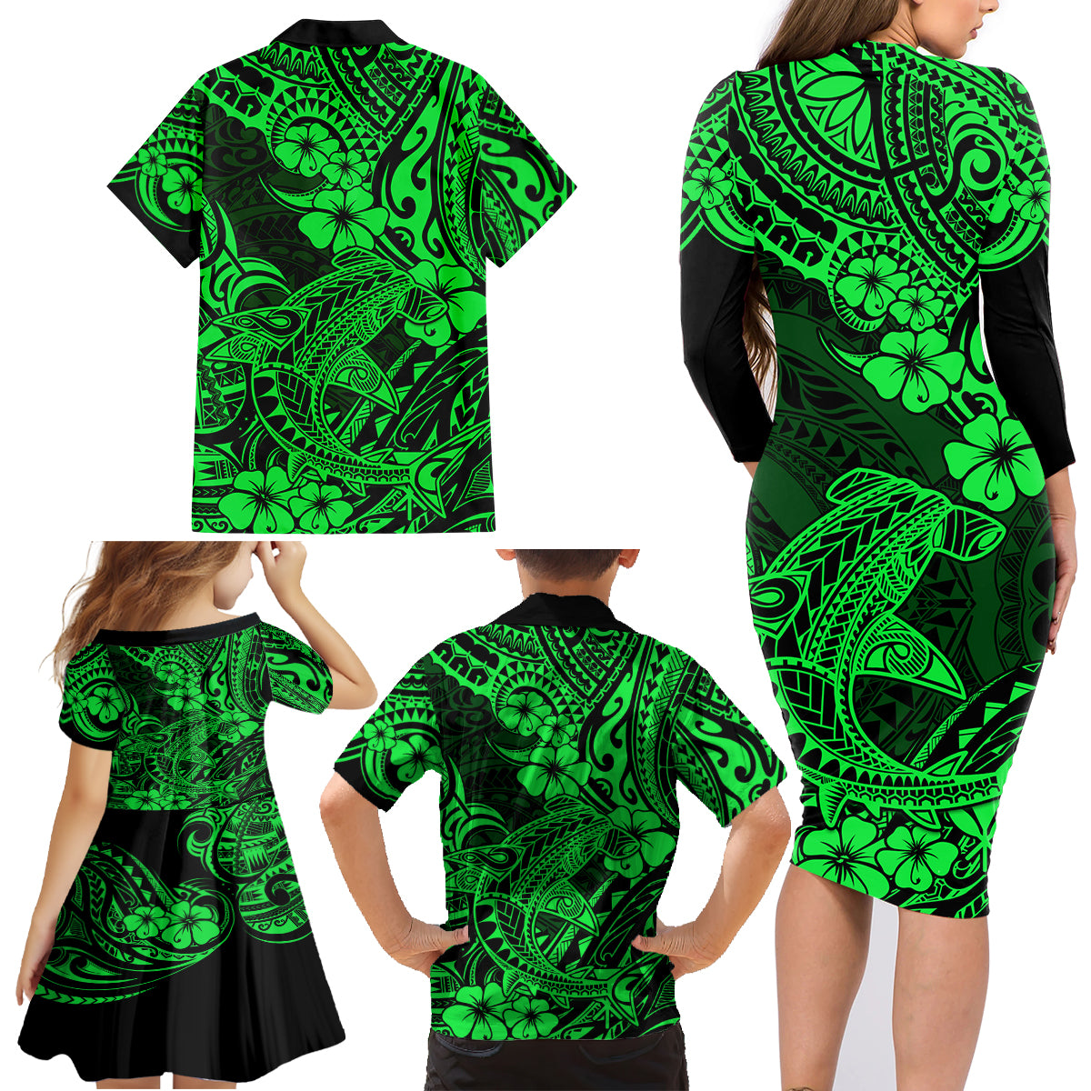 Hawaii Shark Family Matching Long Sleeve Bodycon Dress and Hawaiian Shirt Polynesian Pattern Green Version LT01 - Polynesian Pride