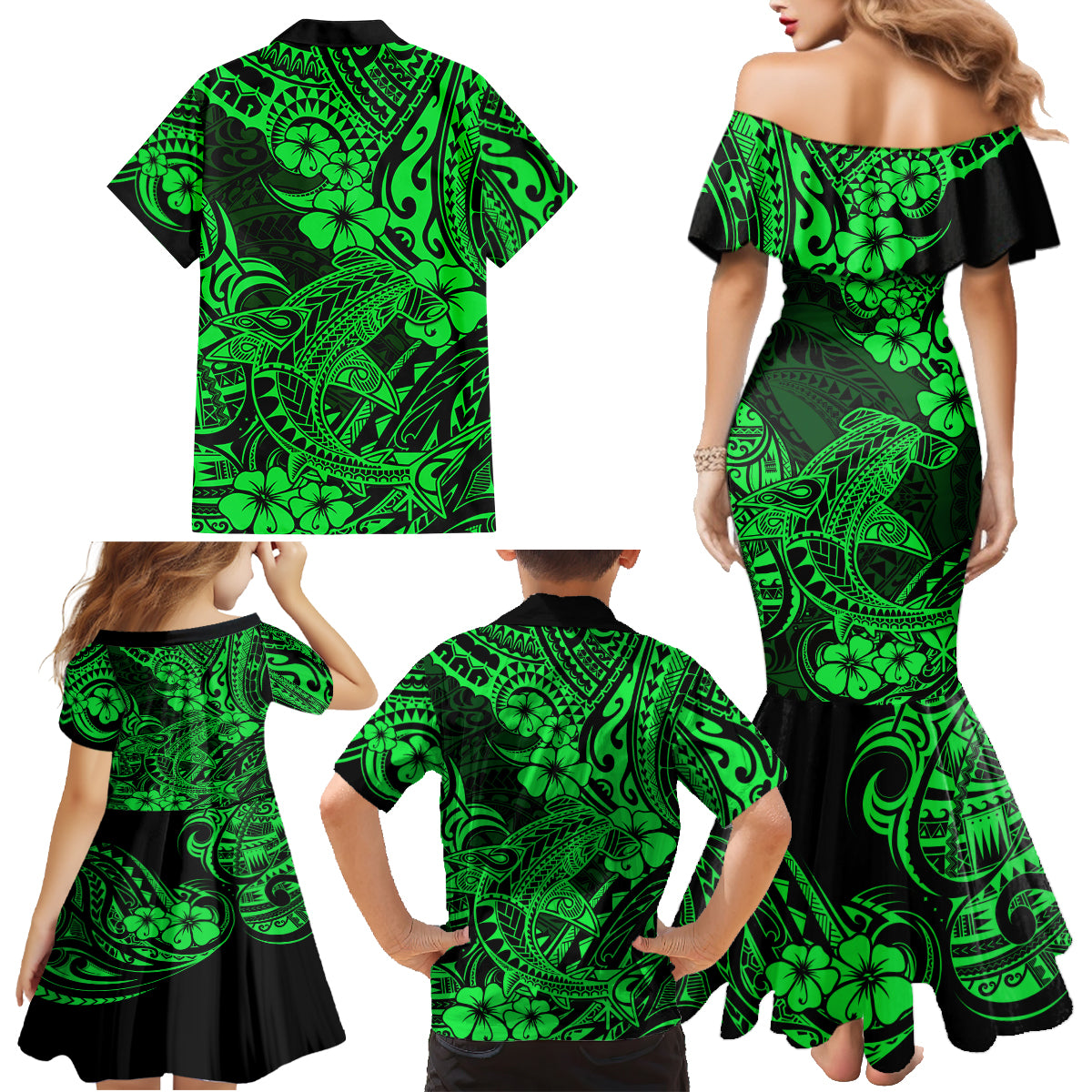 Hawaii Shark Family Matching Mermaid Dress and Hawaiian Shirt Polynesian Pattern Green Version LT01 - Polynesian Pride