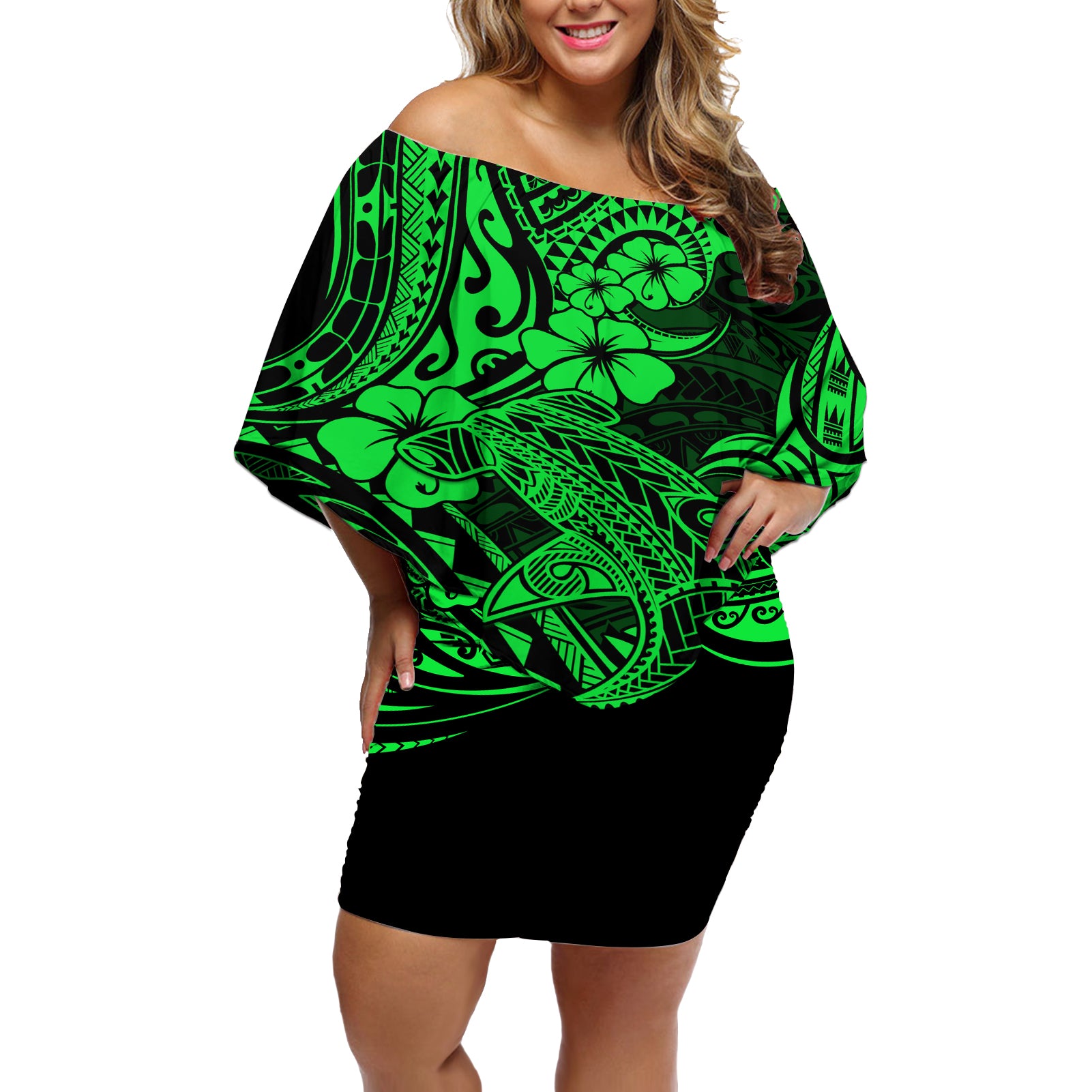 Hawaii Shark Off Shoulder Short Dress Polynesian Pattern Green Version LT01 Women Green - Polynesian Pride