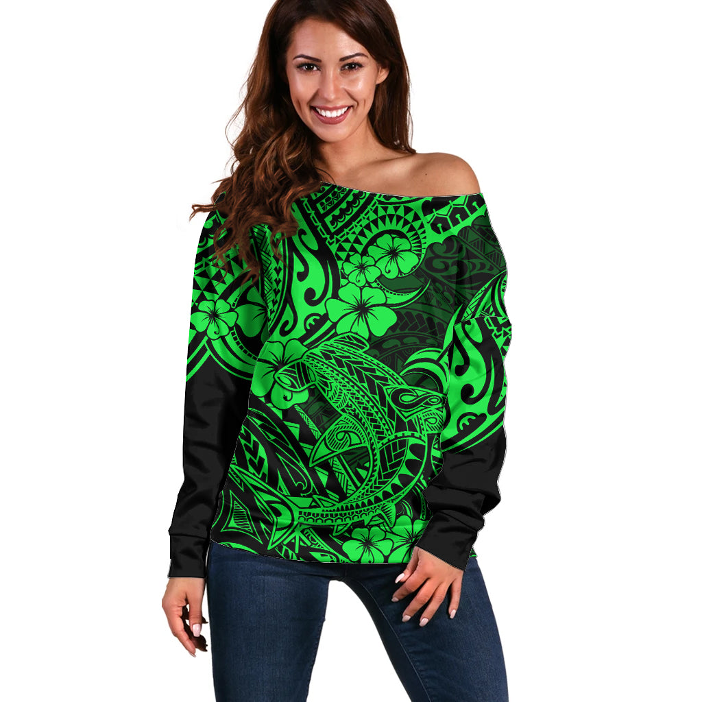 Hawaii Shark Off Shoulder Sweater Polynesian Pattern Green Version LT01 Women Green - Polynesian Pride