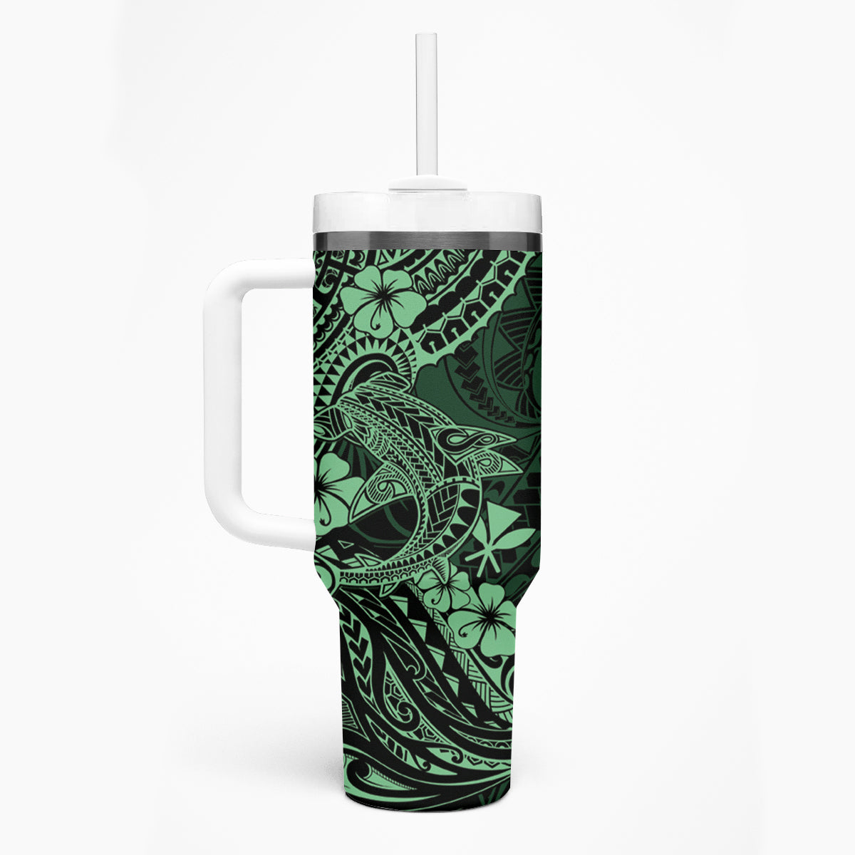 Hawaii Shark Tumbler With Handle Polynesian Pattern Green Version