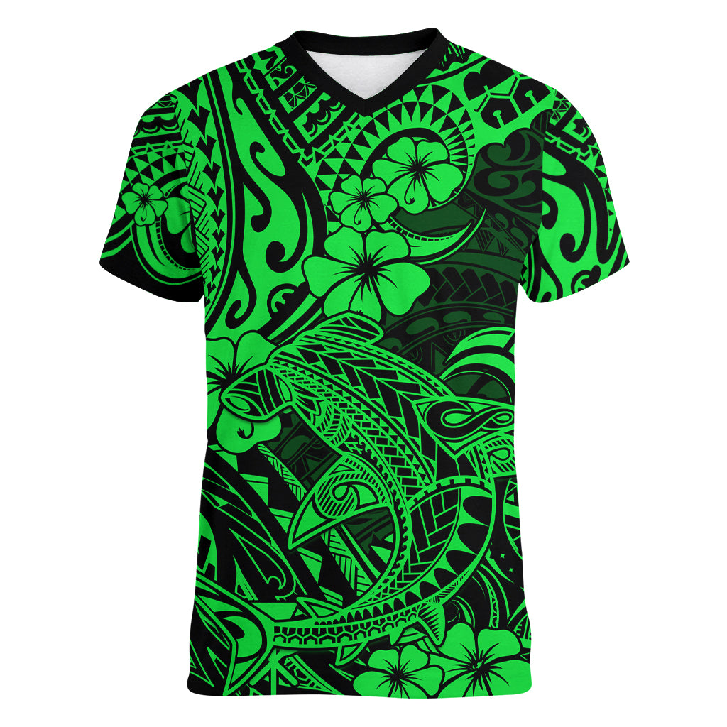 Hawaii Shark Women V Neck T Shirt Polynesian Pattern Green Version LT01 Female Green - Polynesian Pride