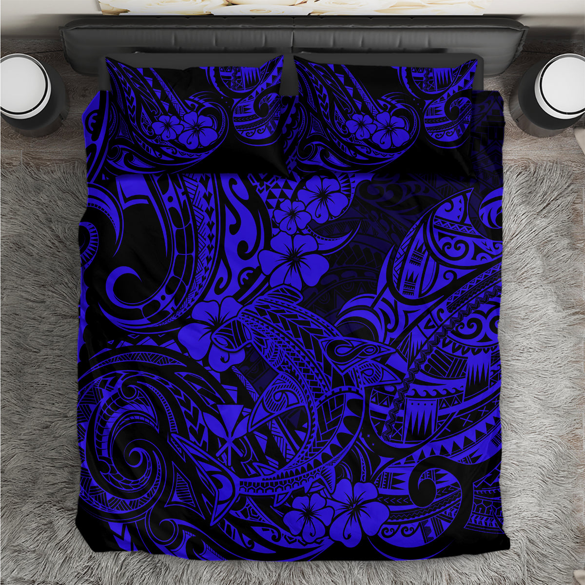 Hawaii Shark Bedding Set Polynesian Pattern Navy Blue Version LT01 Blue - Polynesian Pride