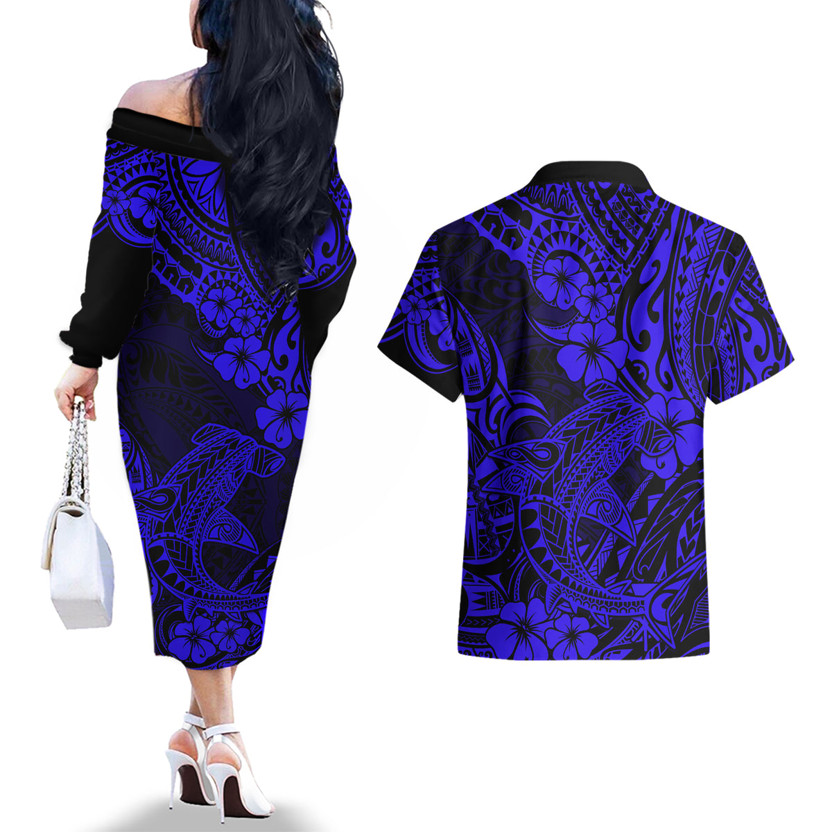 Hawaii Shark Couples Matching Off The Shoulder Long Sleeve Dress and Hawaiian Shirt Polynesian Pattern Navy Blue Version LT01 - Polynesian Pride