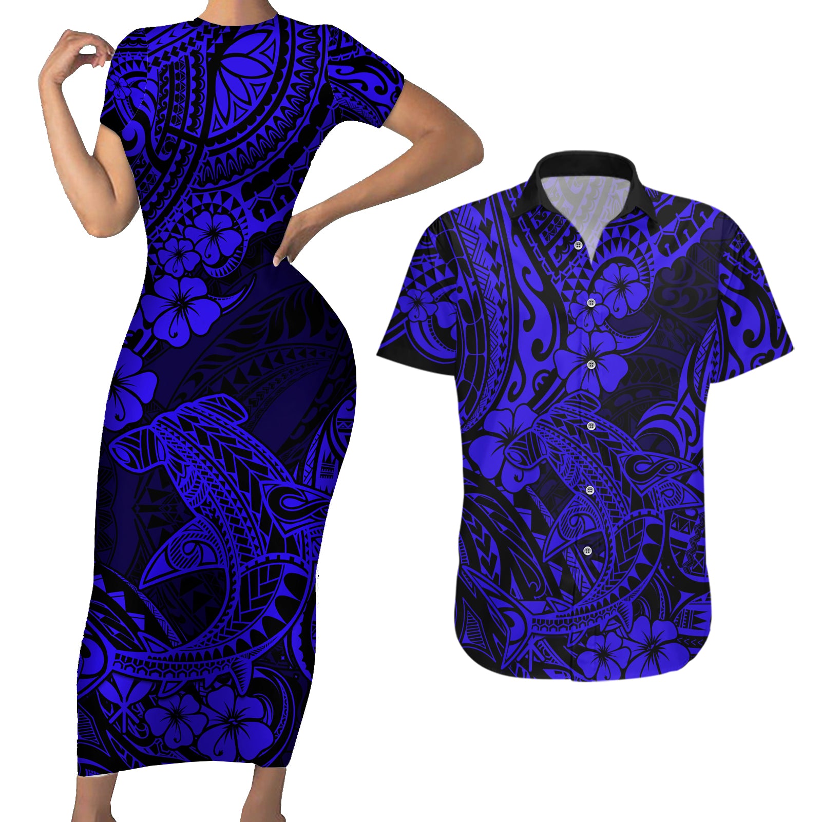 Hawaii Shark Couples Matching Short Sleeve Bodycon Dress and Hawaiian Shirt Polynesian Pattern Navy Blue Version LT01 Blue - Polynesian Pride