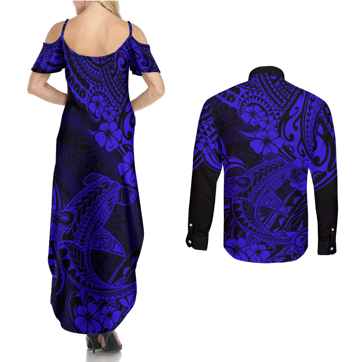 Hawaii Shark Couples Matching Summer Maxi Dress and Long Sleeve Button Shirts Polynesian Pattern Navy Blue Version LT01 - Polynesian Pride