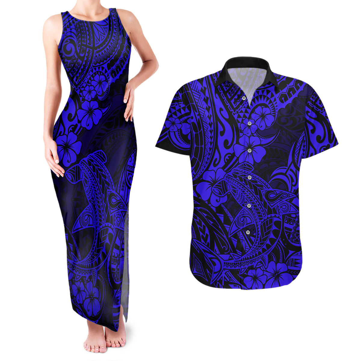 Hawaii Shark Couples Matching Tank Maxi Dress and Hawaiian Shirt Polynesian Pattern Navy Blue Version LT01 Blue - Polynesian Pride
