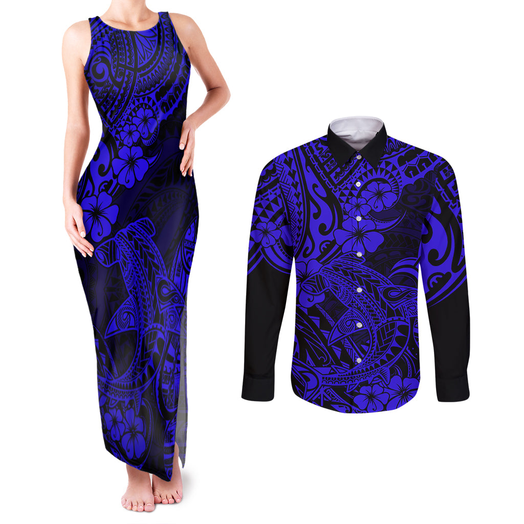 Hawaii Shark Couples Matching Tank Maxi Dress and Long Sleeve Button Shirts Polynesian Pattern Navy Blue Version LT01 Blue - Polynesian Pride