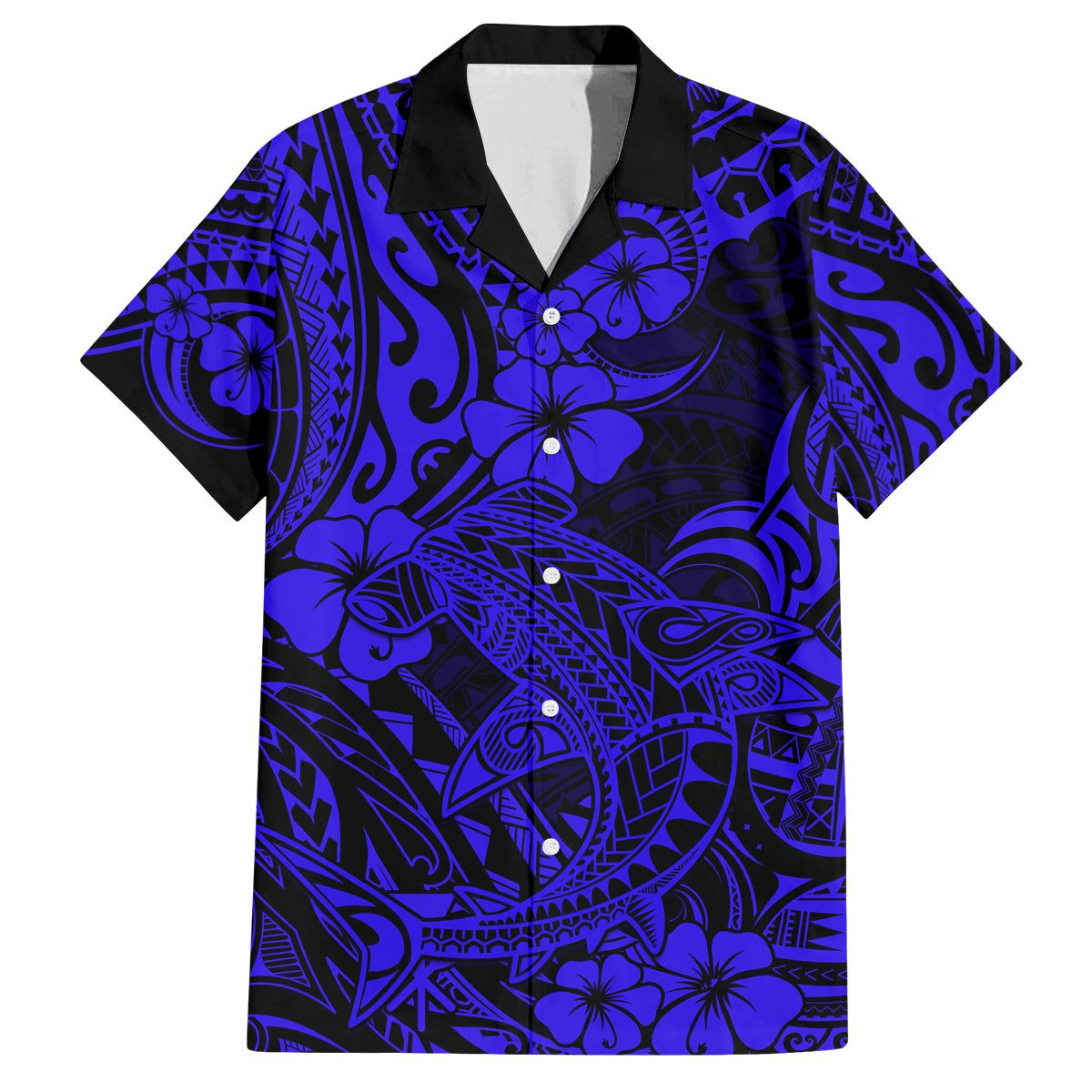 Hawaii Shark Family Matching Off Shoulder Long Sleeve Dress and Hawaiian Shirt Polynesian Pattern Navy Blue Version LT01 Dad's Shirt - Short Sleeve Blue - Polynesian Pride