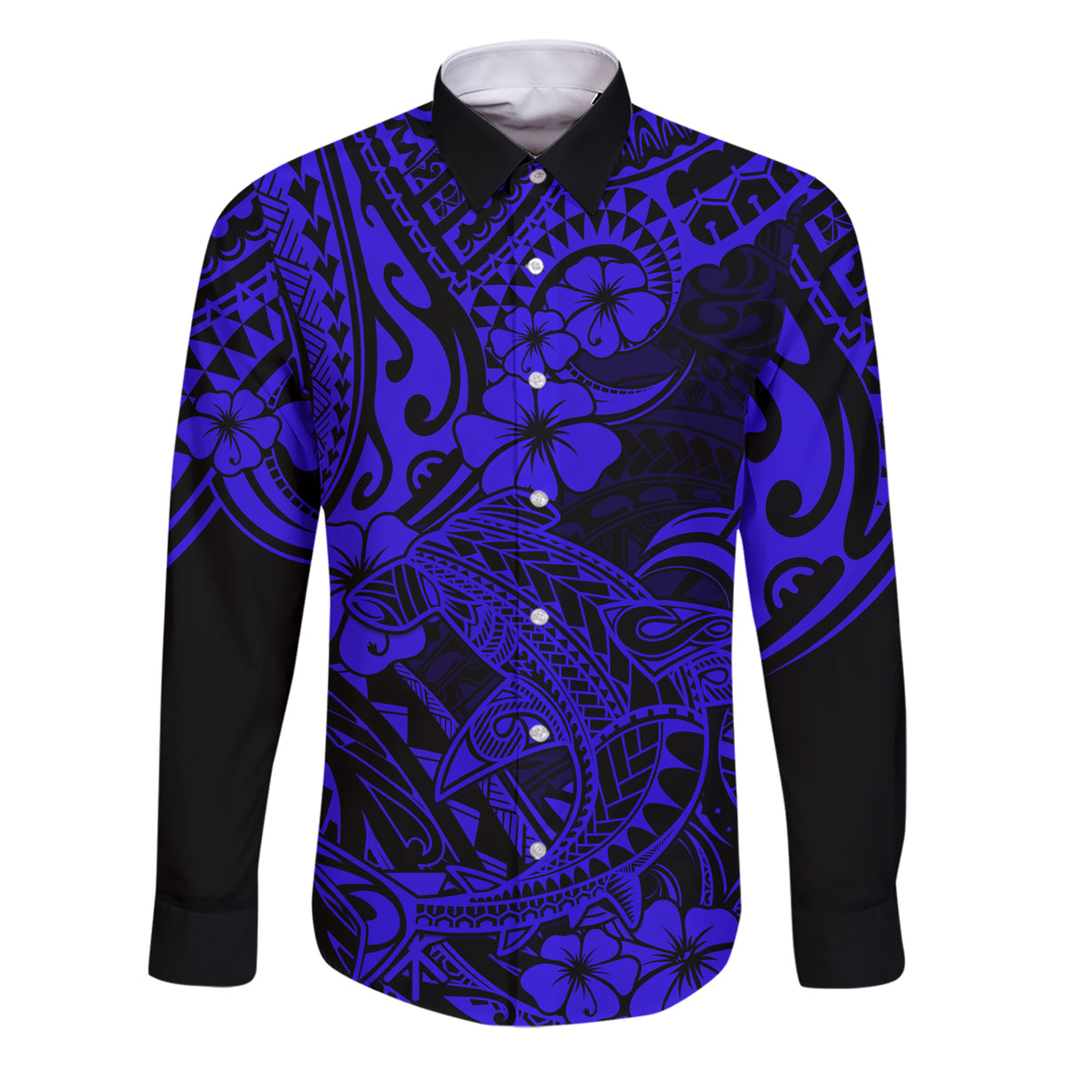 Hawaii Shark Family Matching Short Sleeve Bodycon Dress and Hawaiian Shirt Polynesian Pattern Navy Blue Version LT01 Dad's Shirt - Long Sleeve Blue - Polynesian Pride