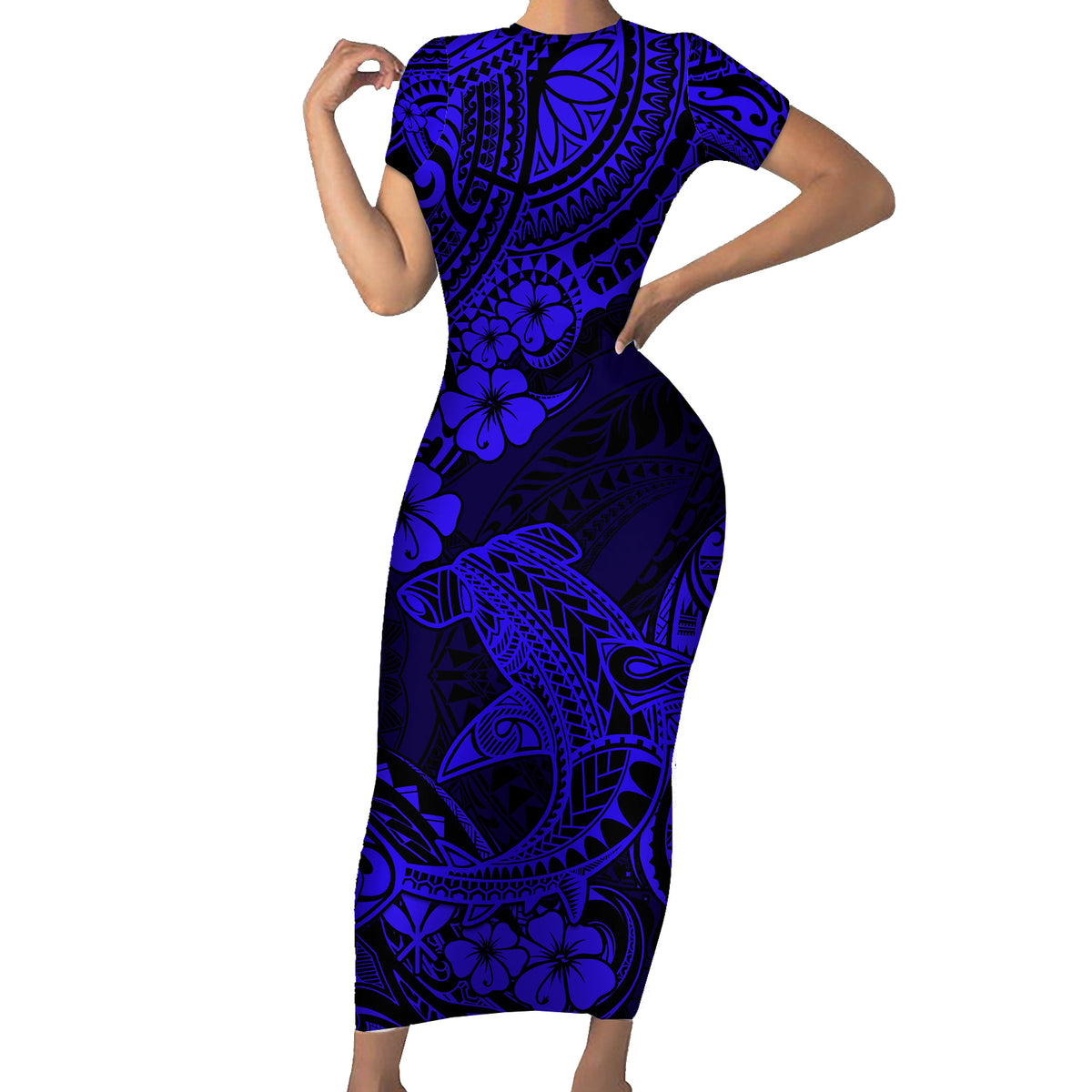 Hawaii Shark Family Matching Short Sleeve Bodycon Dress and Hawaiian Shirt Polynesian Pattern Navy Blue Version LT01 Mom's Dress Blue - Polynesian Pride