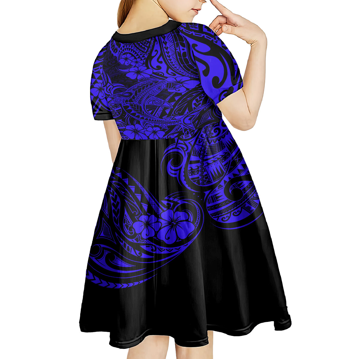 Hawaii Shark Kid Short Sleeve Dress Polynesian Pattern Navy Blue Version LT01 - Polynesian Pride