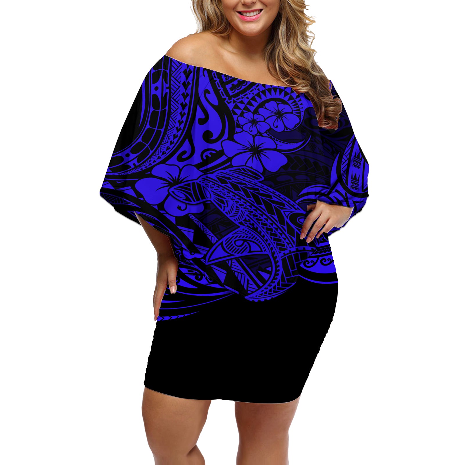 Hawaii Shark Off Shoulder Short Dress Polynesian Pattern Navy Blue Version LT01 Women Blue - Polynesian Pride