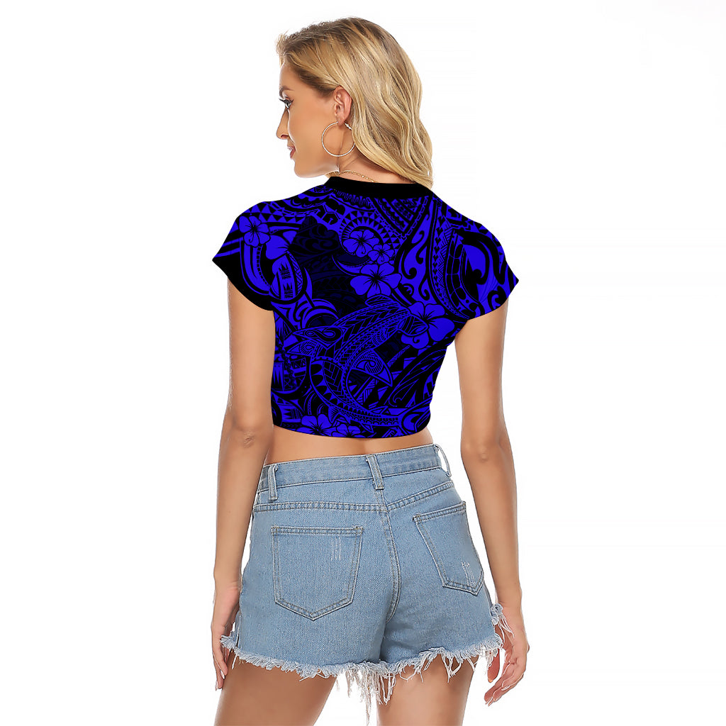 Hawaii Shark Raglan Cropped T Shirt Polynesian Pattern Navy Blue Version LT01 - Polynesian Pride