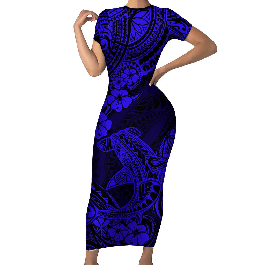 Hawaii Shark Short Sleeve Bodycon Dress Polynesian Pattern Navy Blue Version LT01