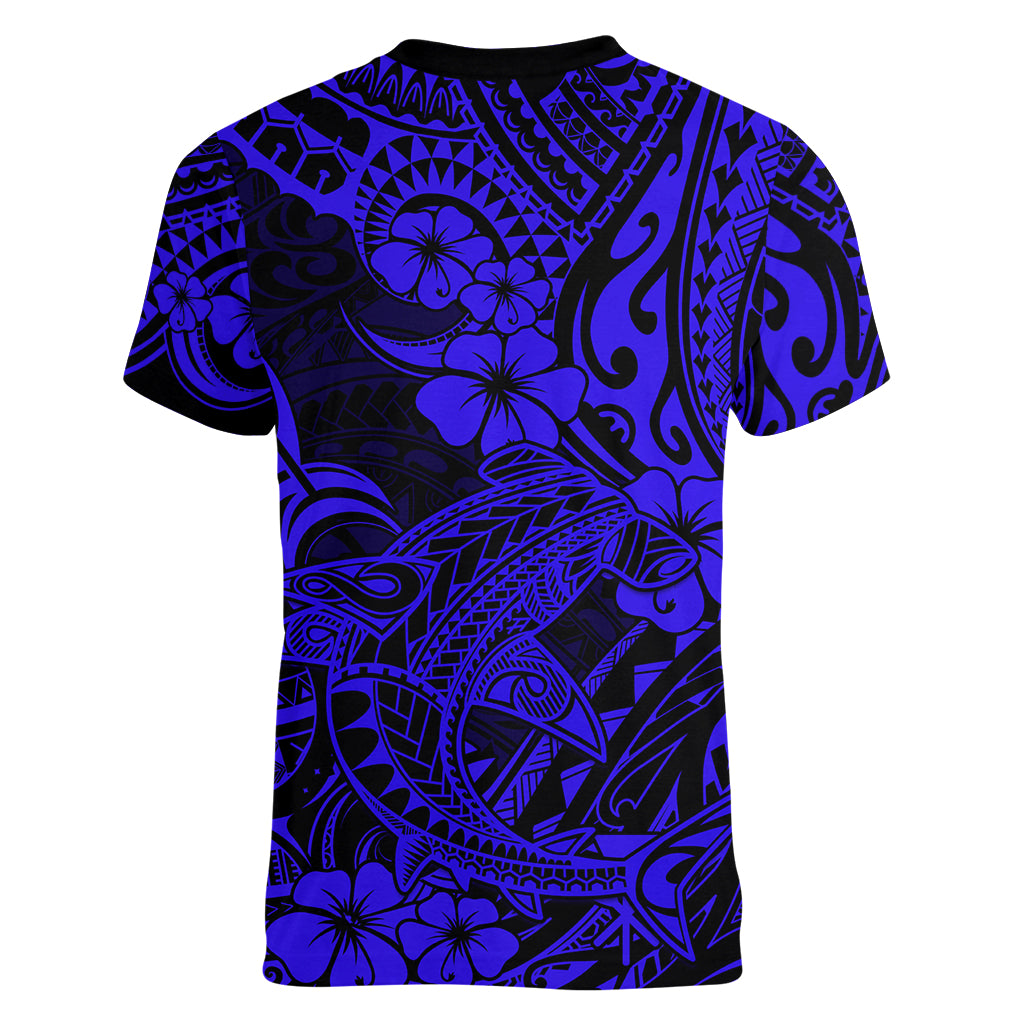 Hawaii Shark Women V Neck T Shirt Polynesian Pattern Navy Blue Version LT01 - Polynesian Pride