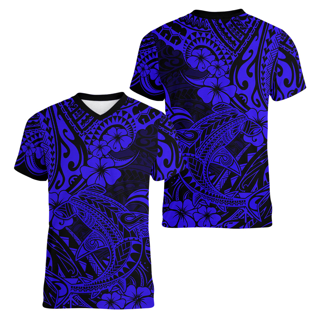 Hawaii Shark Women V Neck T Shirt Polynesian Pattern Navy Blue Version LT01 - Polynesian Pride