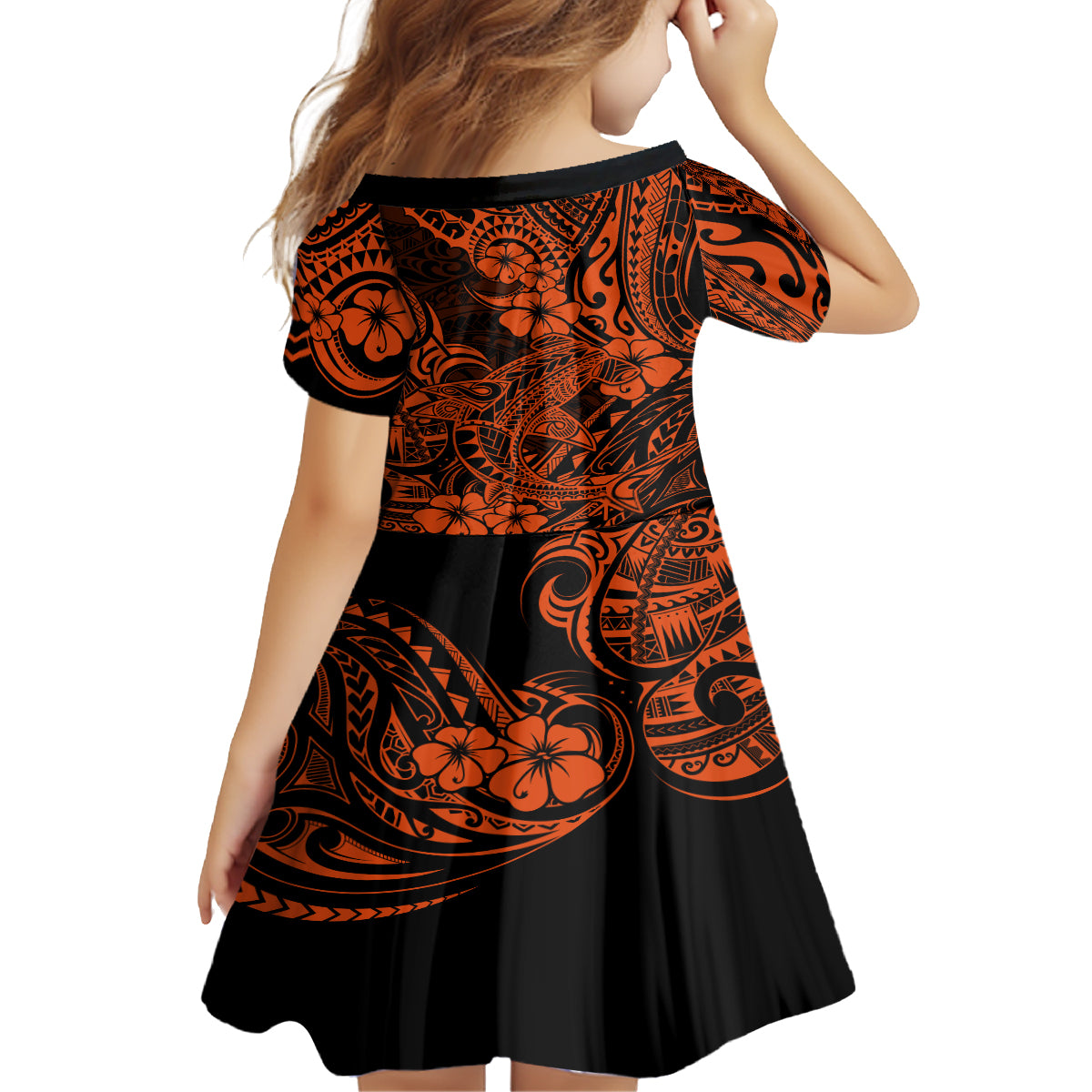 Hawaii Shark Family Matching Off Shoulder Long Sleeve Dress and Hawaiian Shirt Polynesian Pattern Orange Version LT01 - Polynesian Pride